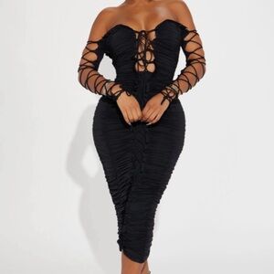 NEW Fashion Nova Elegant Black Off-Shoulder Ruched Dress